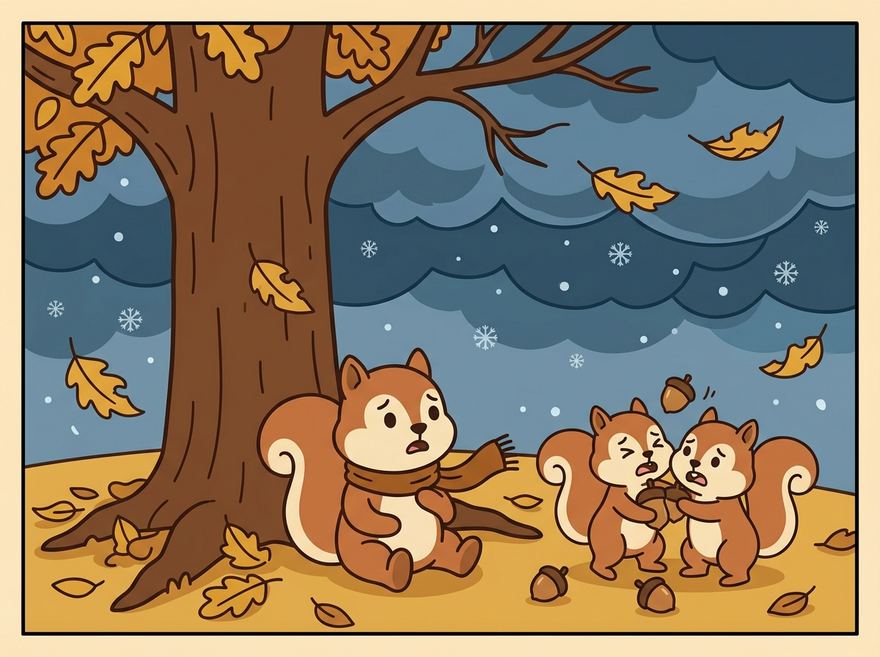 숲 위로 몰려오는 먹구름과 첫눈