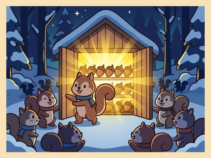 한밤의 창고 문이 열리며 쏟아지는 따뜻한 빛