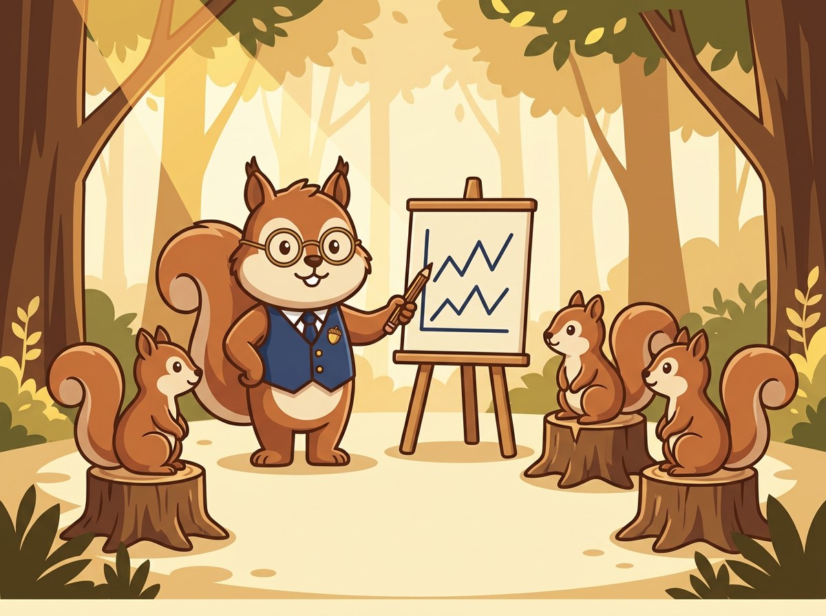 아침 숲에서 차트로 브리핑하는 토리